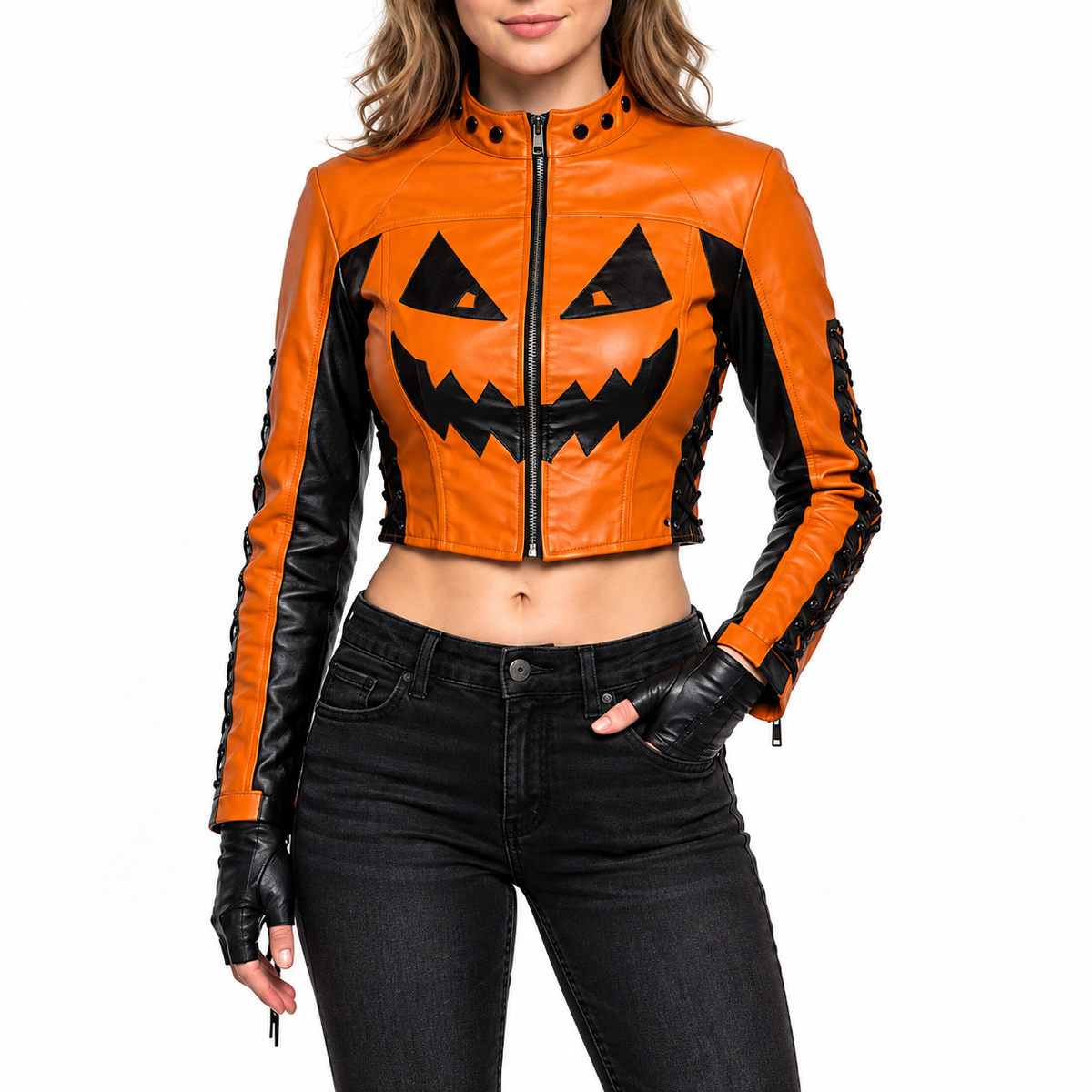 Women’s Halloween Jack-O-Lantern Cropped Leather Jacket