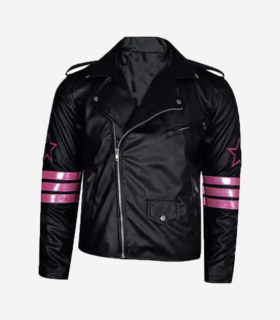Hollywood Jacket Black & Pink Star Stripe Biker Leather Jacket