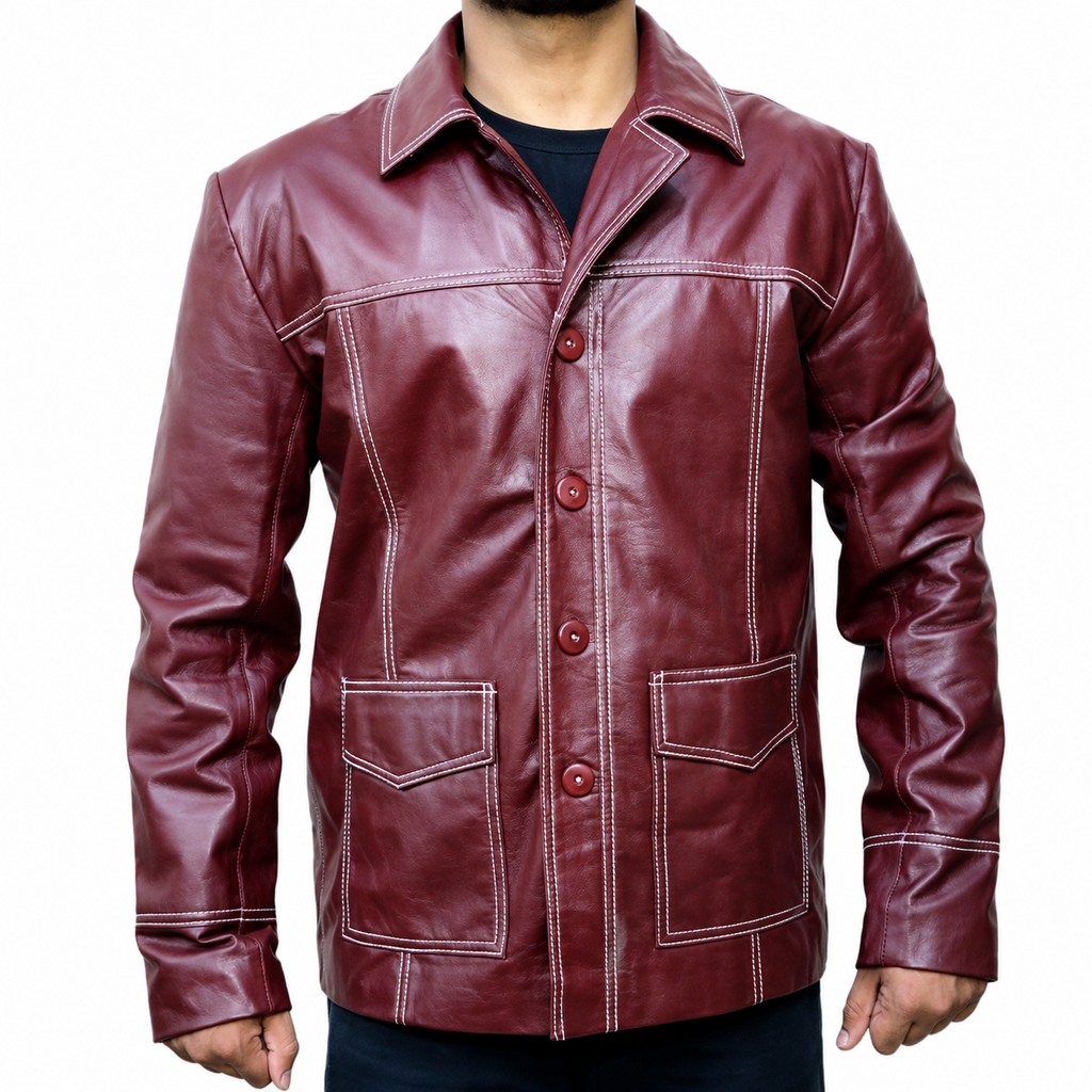 Men's Burgundy Leather Shirt Jacket | Hollywood Jackets
