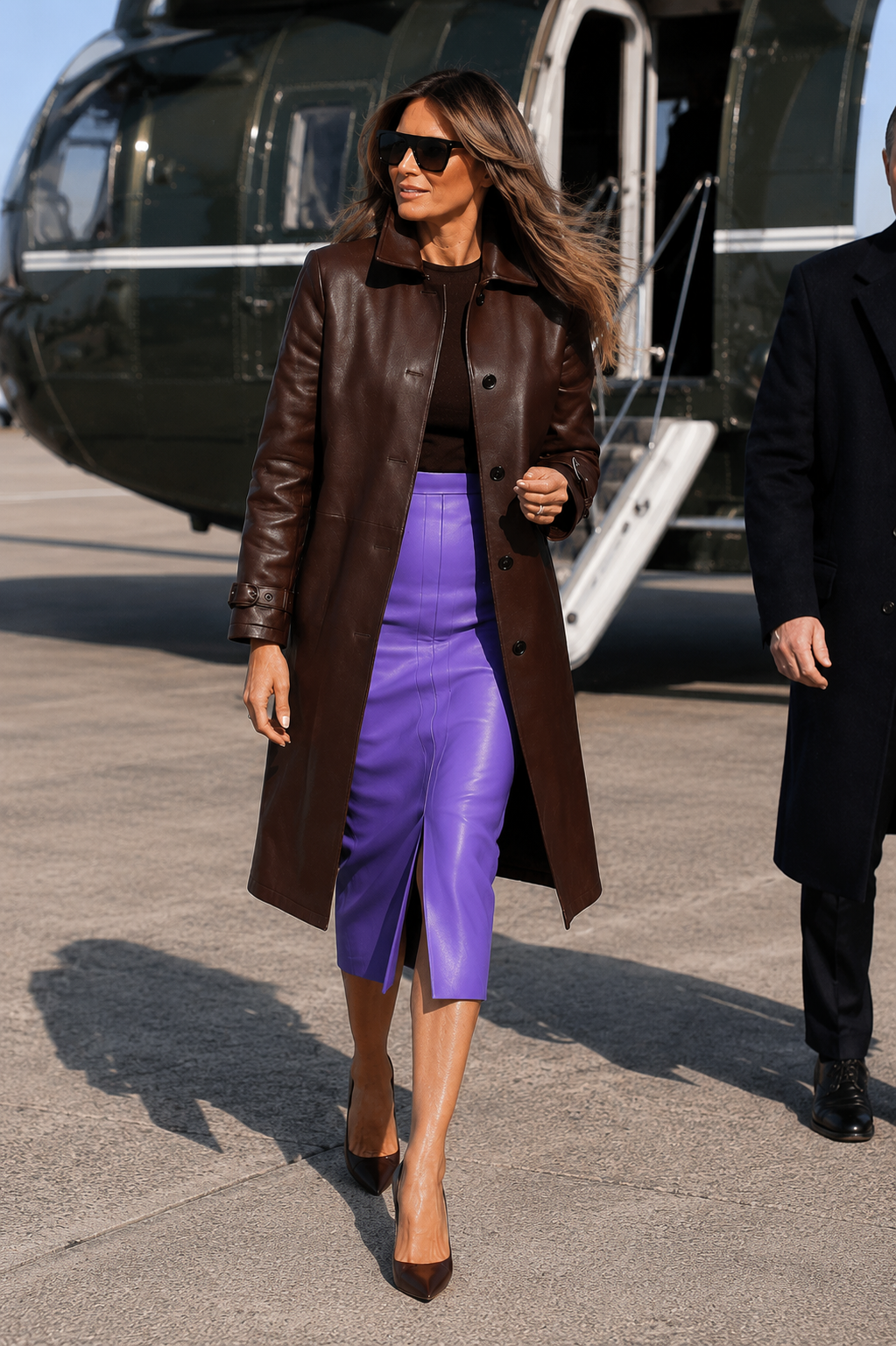 Women’s Brown Leather Long Coat | Elegant Mid-Length Trench Style Coat