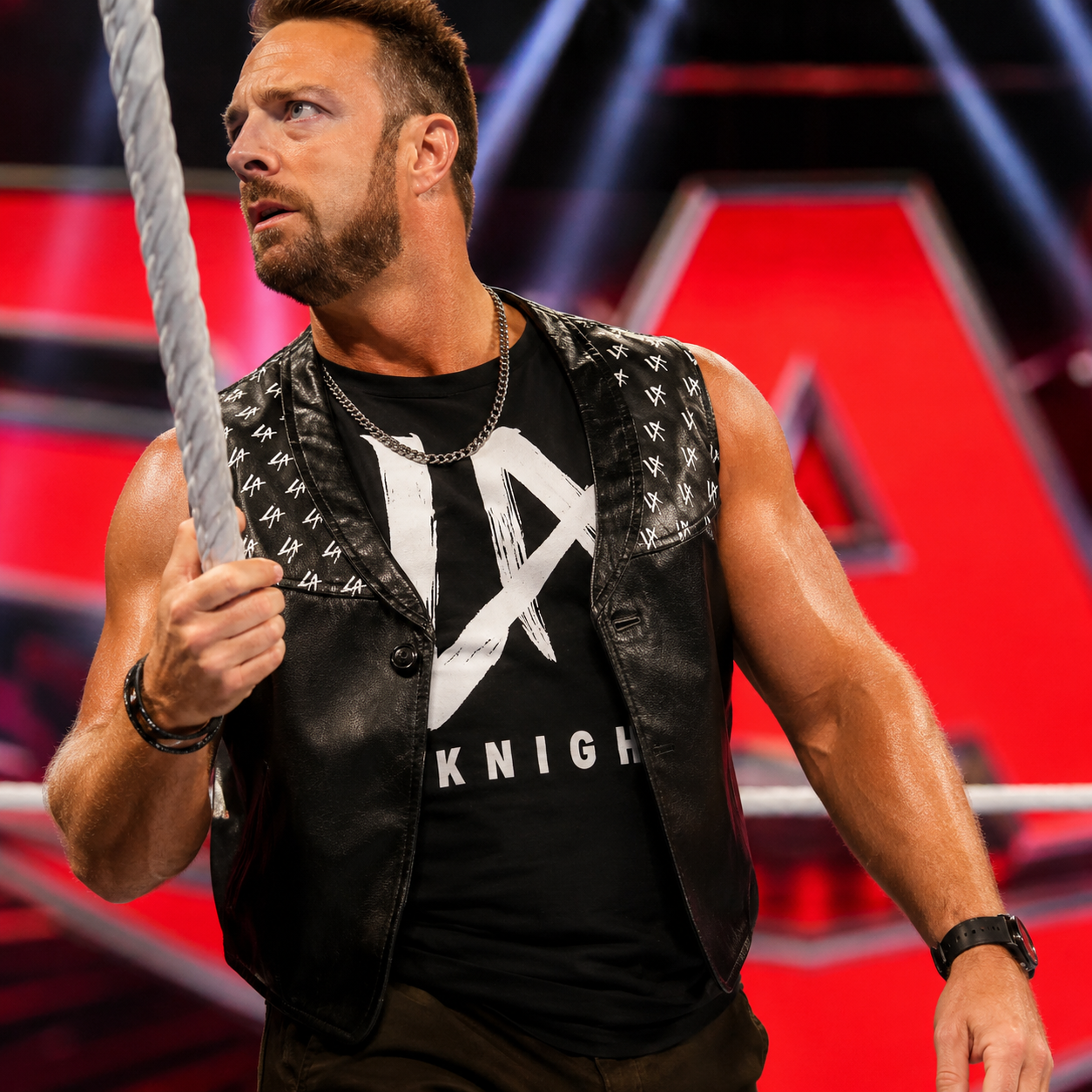 LA Knight WWE Black Leather Vest – Men's Wrestling Entrance Sleeveless Vest