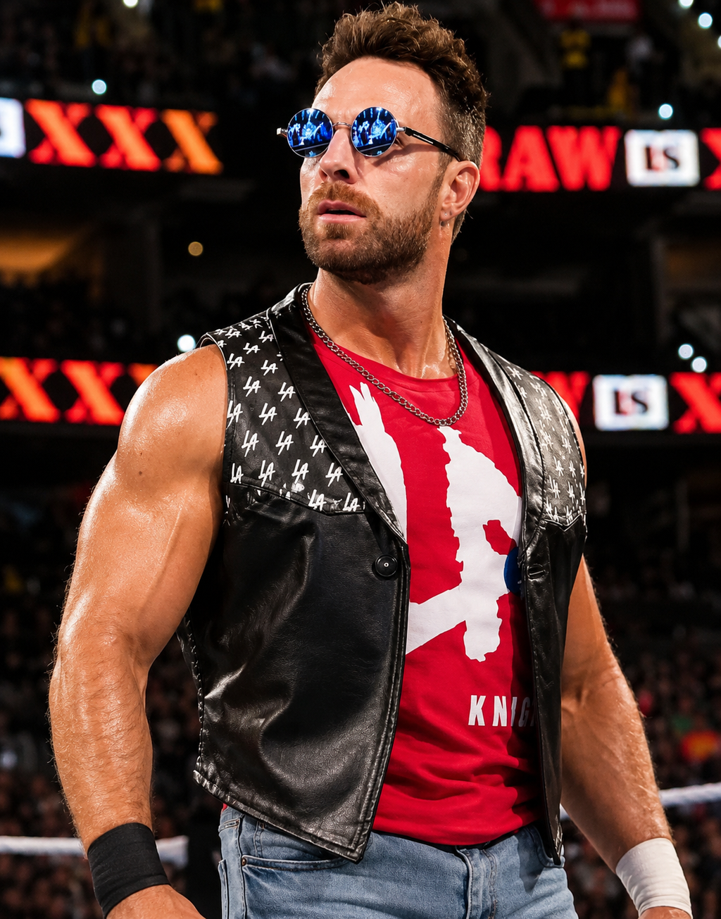 LA Knight WWE Black Leather Vest – Men's Wrestling Entrance Sleeveless Vest