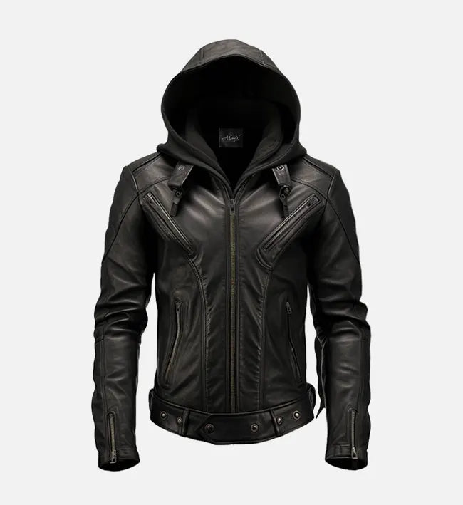 Hollywood Jackets Men’s Black Hooded Leather Jacket