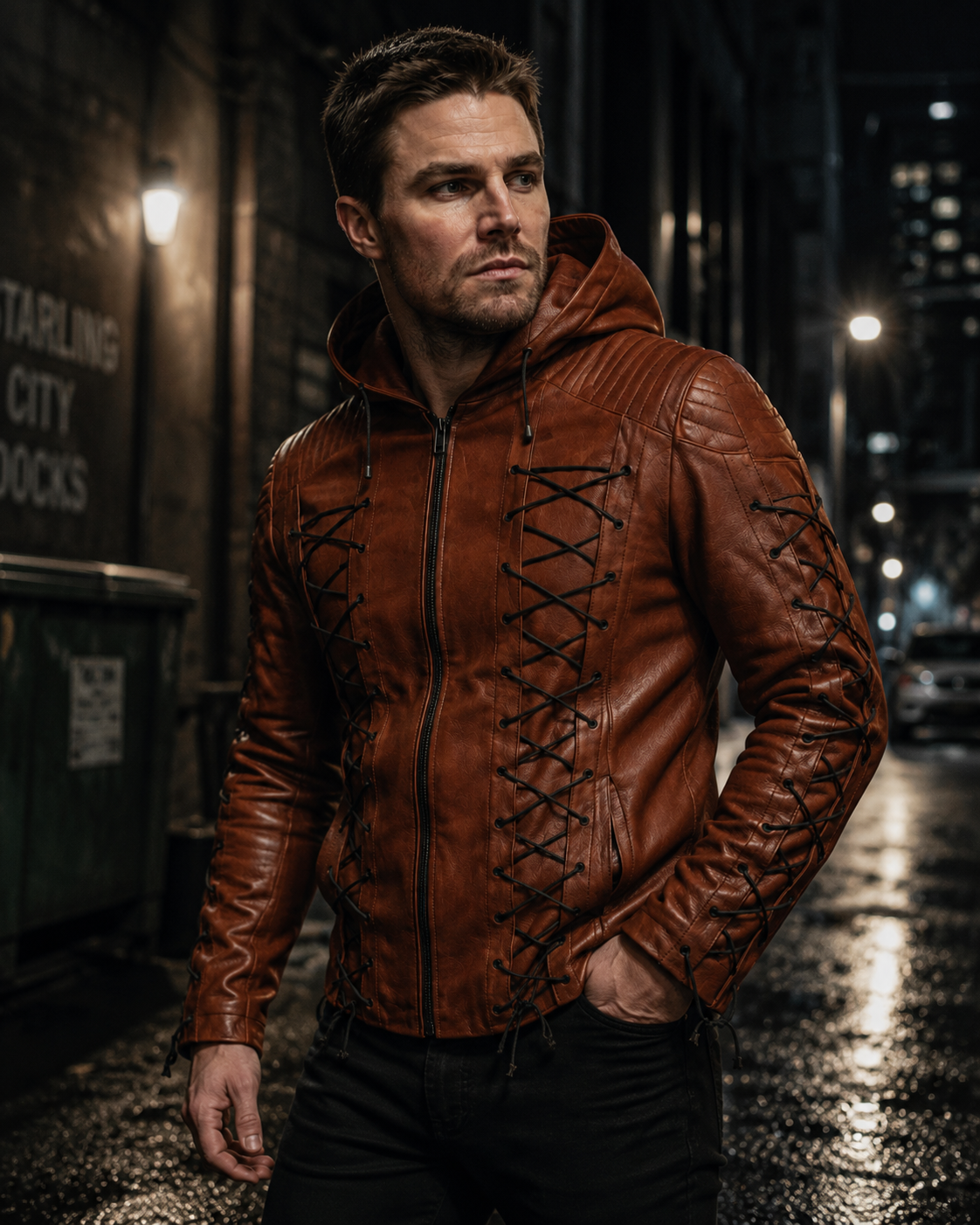 Hollywood Jackets Stephen Amell Arrow Brown Hooded Leather Jacket