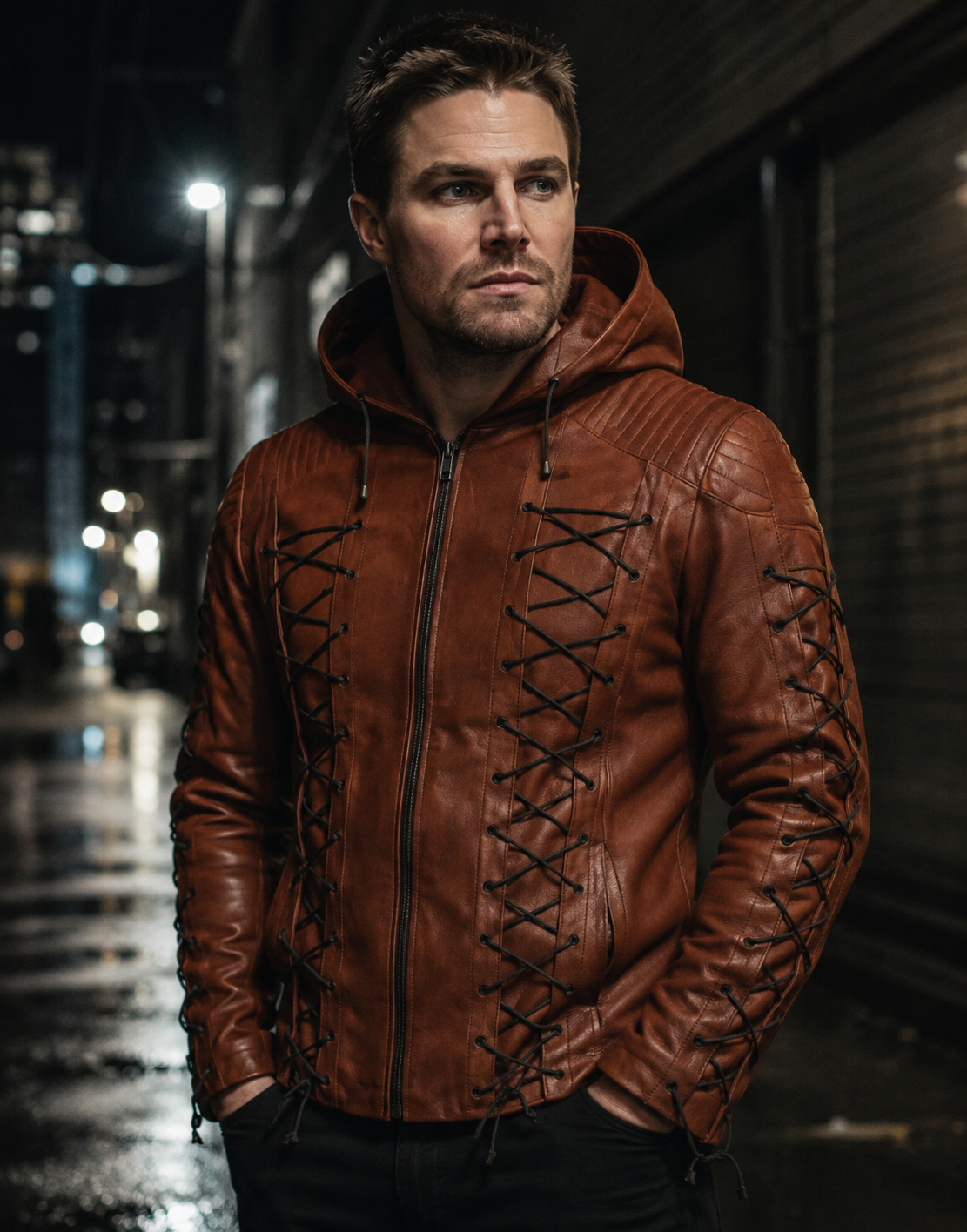 Hollywood Jackets Stephen Amell Arrow Brown Hooded Leather Jacket
