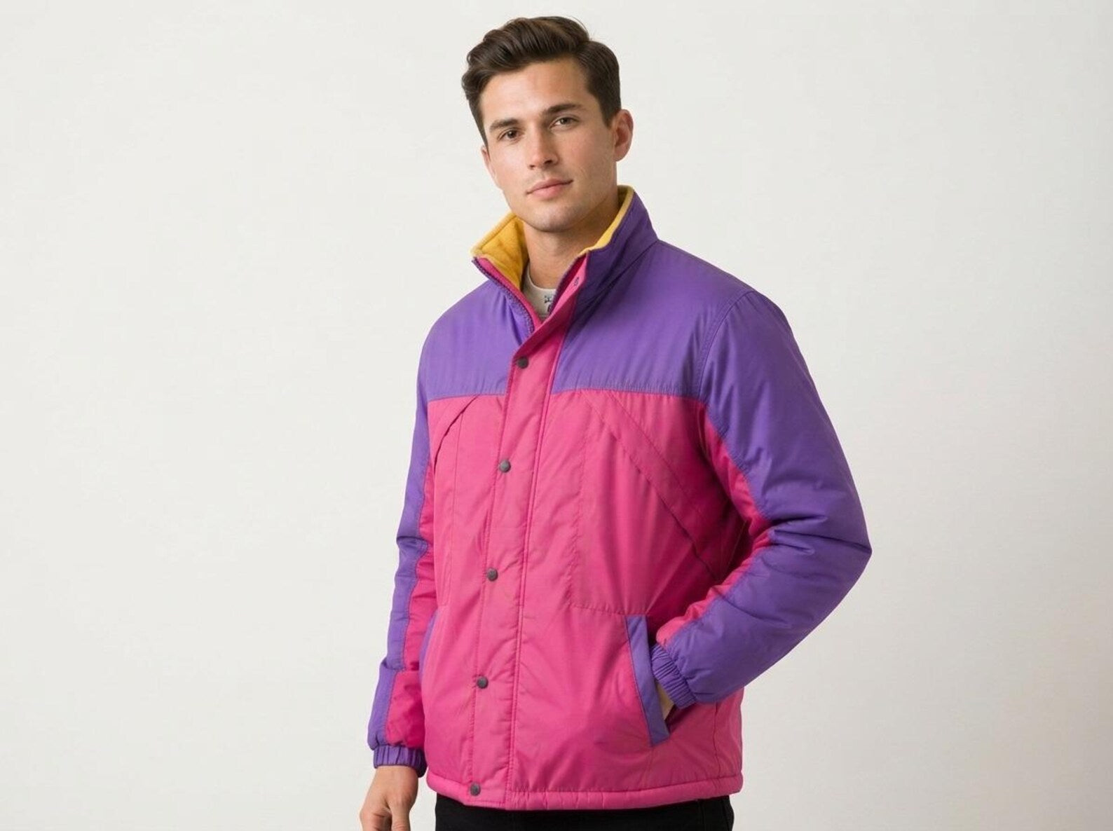 Men's Retro Color Block Puffer Jacket – Purple & Pink Vintage Winter Coat