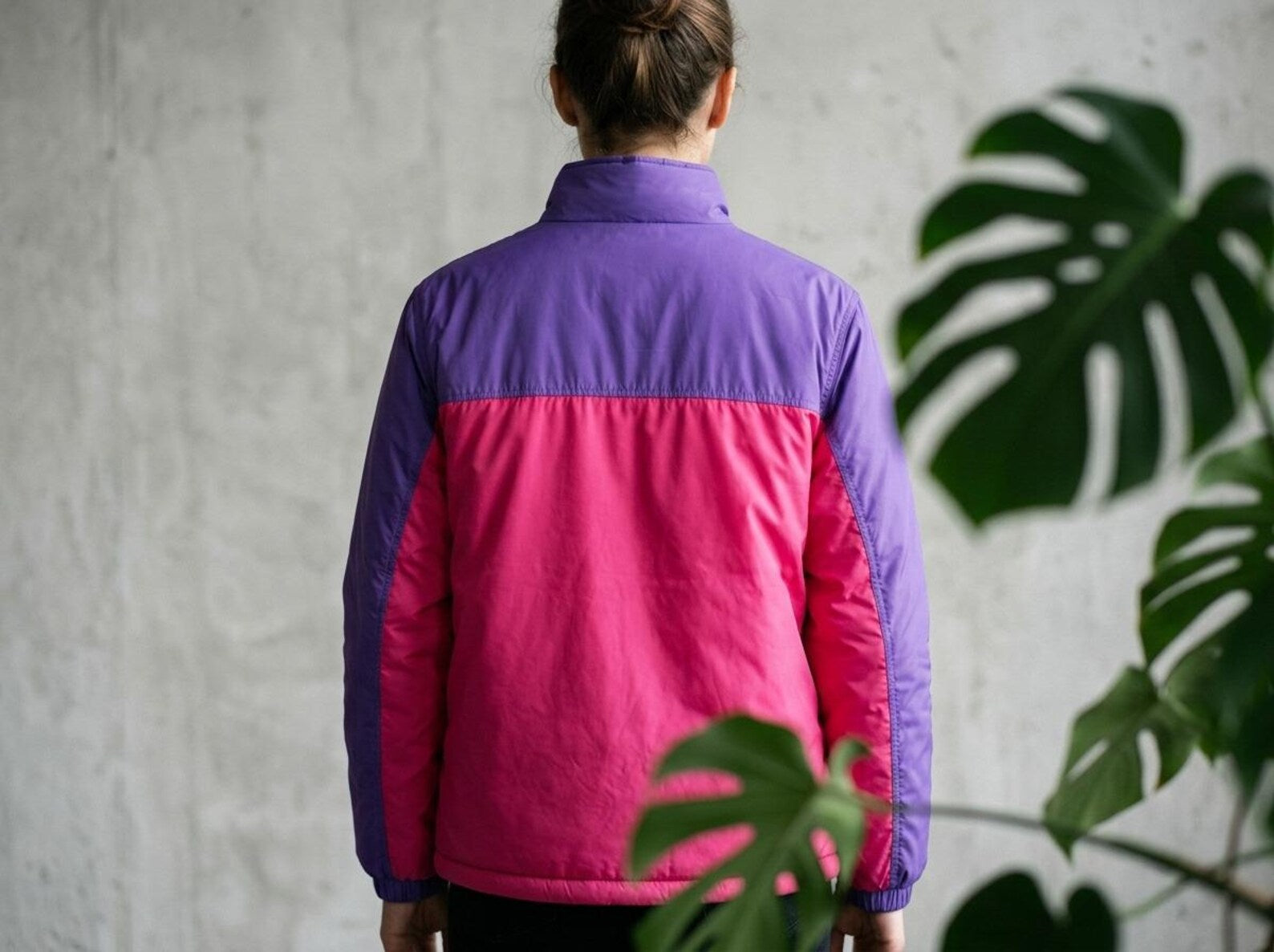 Men's Retro Color Block Puffer Jacket – Purple & Pink Vintage Winter Coat