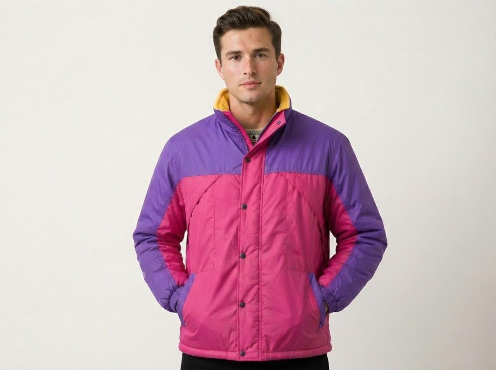 Men's Retro Color Block Puffer Jacket – Purple & Pink Vintage Winter Coat