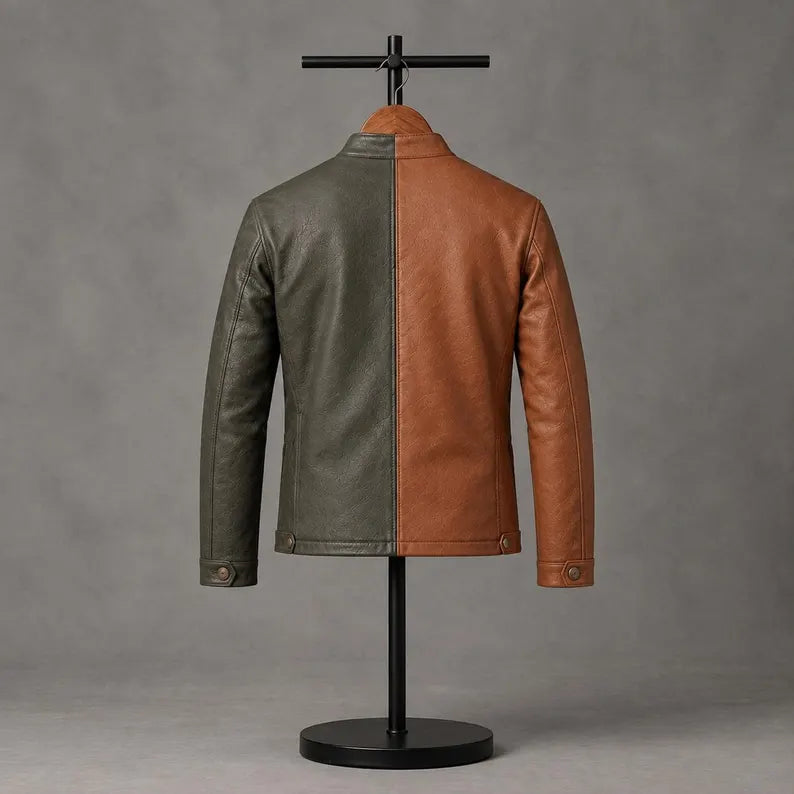 Men’s Two-Tone Brown & Olive Green Leather Jacket | Hollywood Jackets