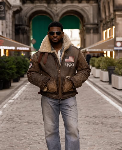 Usher Inspired Brown Shearling Aviator Leather Jacket