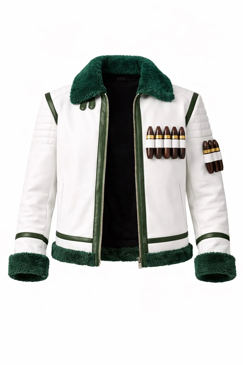 Hollywood Jackets White & Green Faux Leather Shearling Bomber Jacket