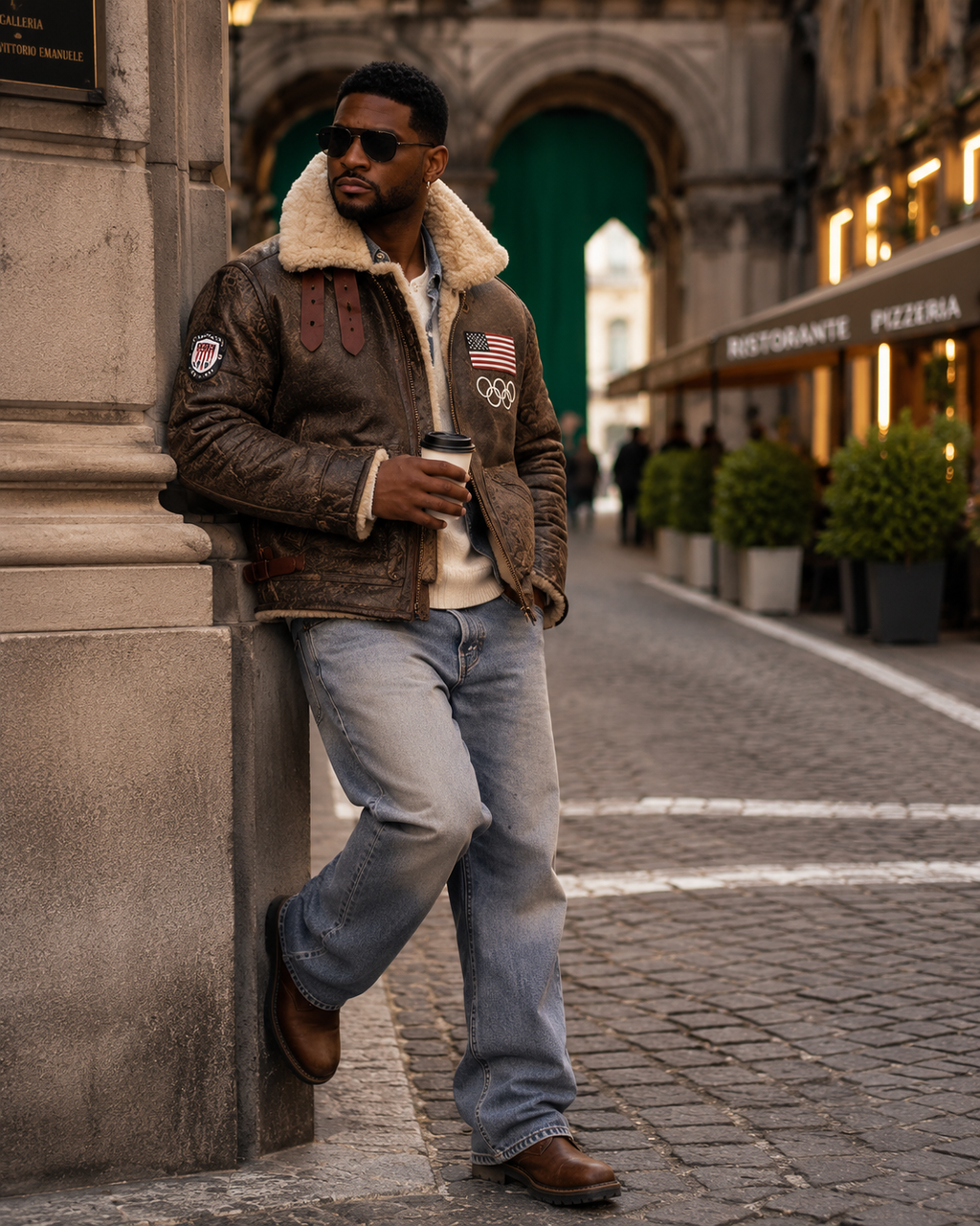Usher Inspired Brown Shearling Aviator Leather Jacket