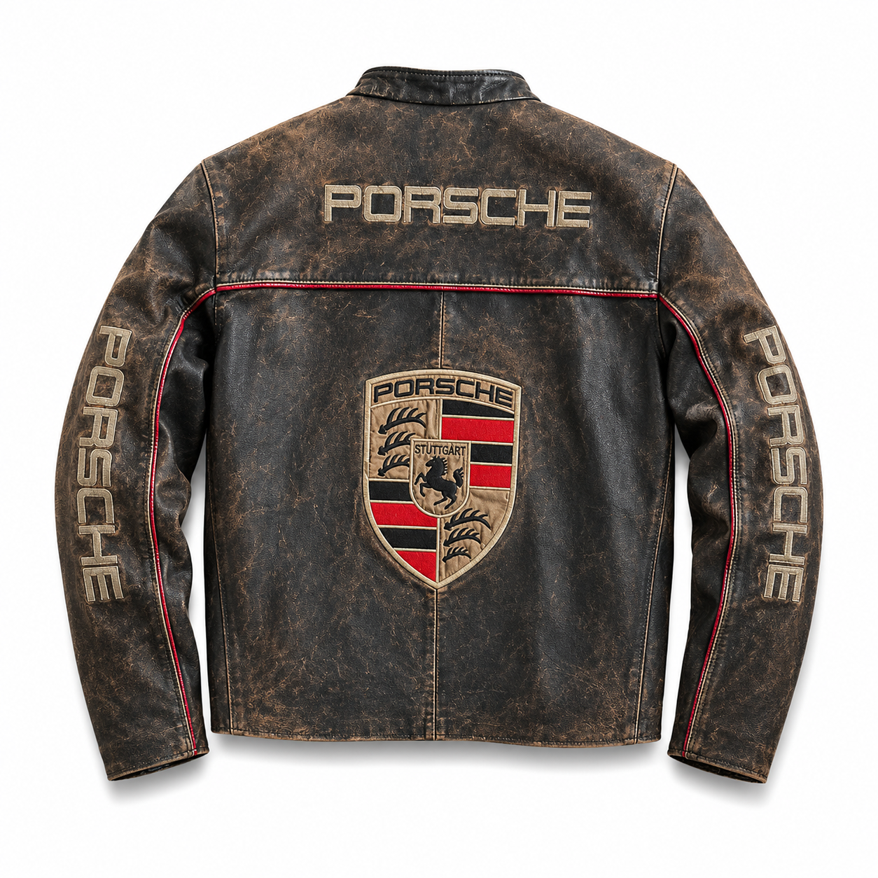 Vintage Porsche Distressed Leather Racing Jacket with Embroidery