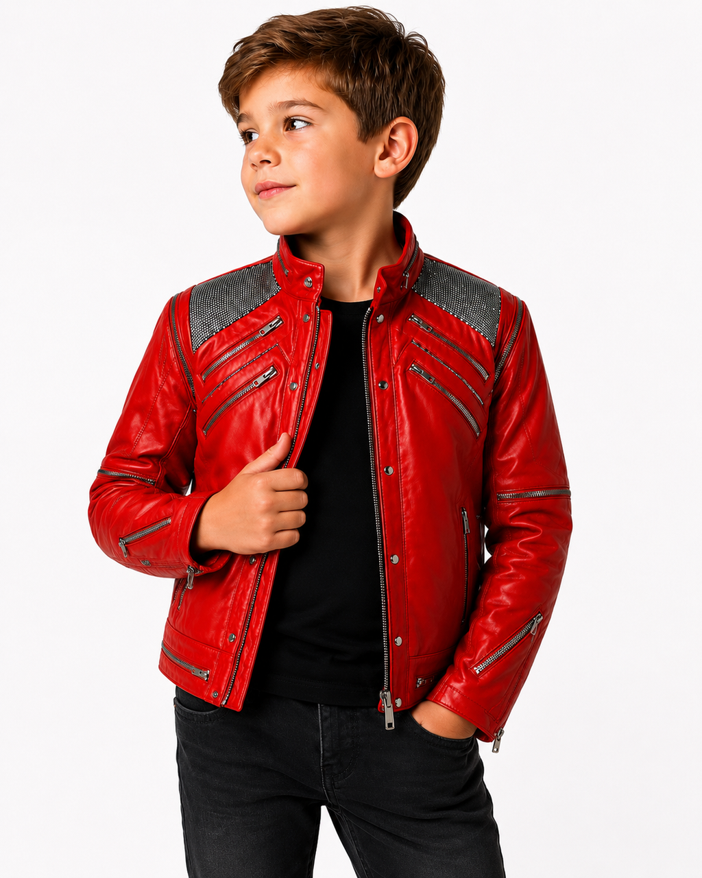 Boys Michael Jackson Inspired Red Leather Jacket – Handmade Vintage 80s Dance Outfit by Outfiter