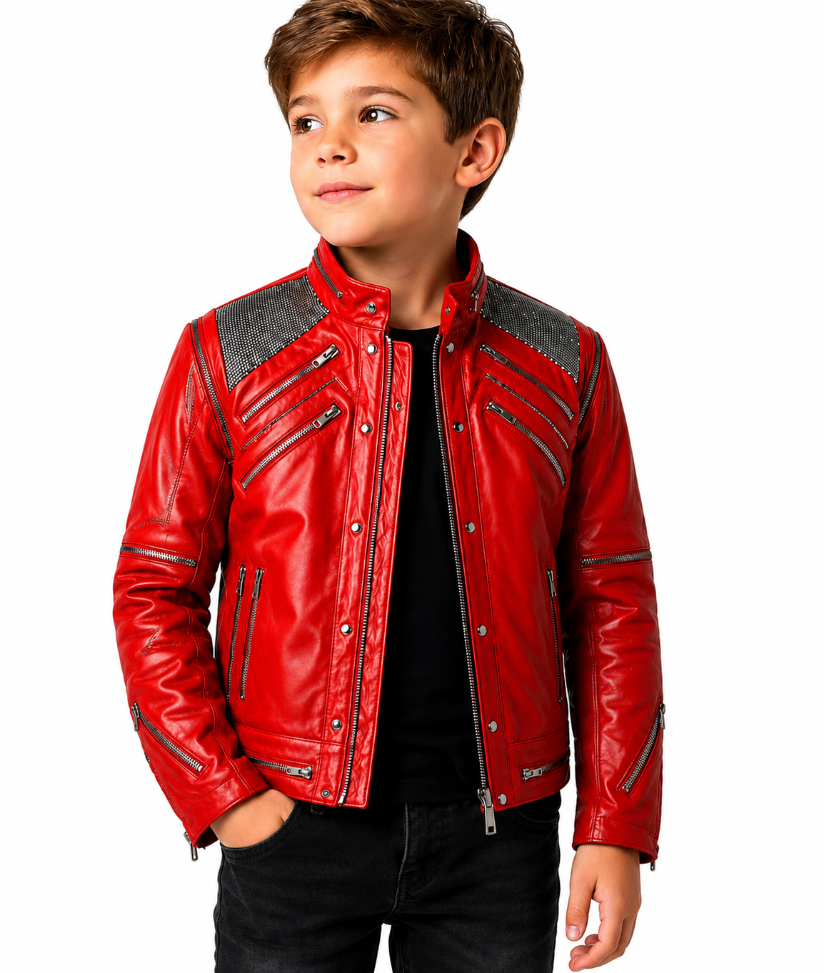Boys Michael Jackson Inspired Red Leather Jacket – Handmade Vintage 80s Dance Outfit by Outfiter