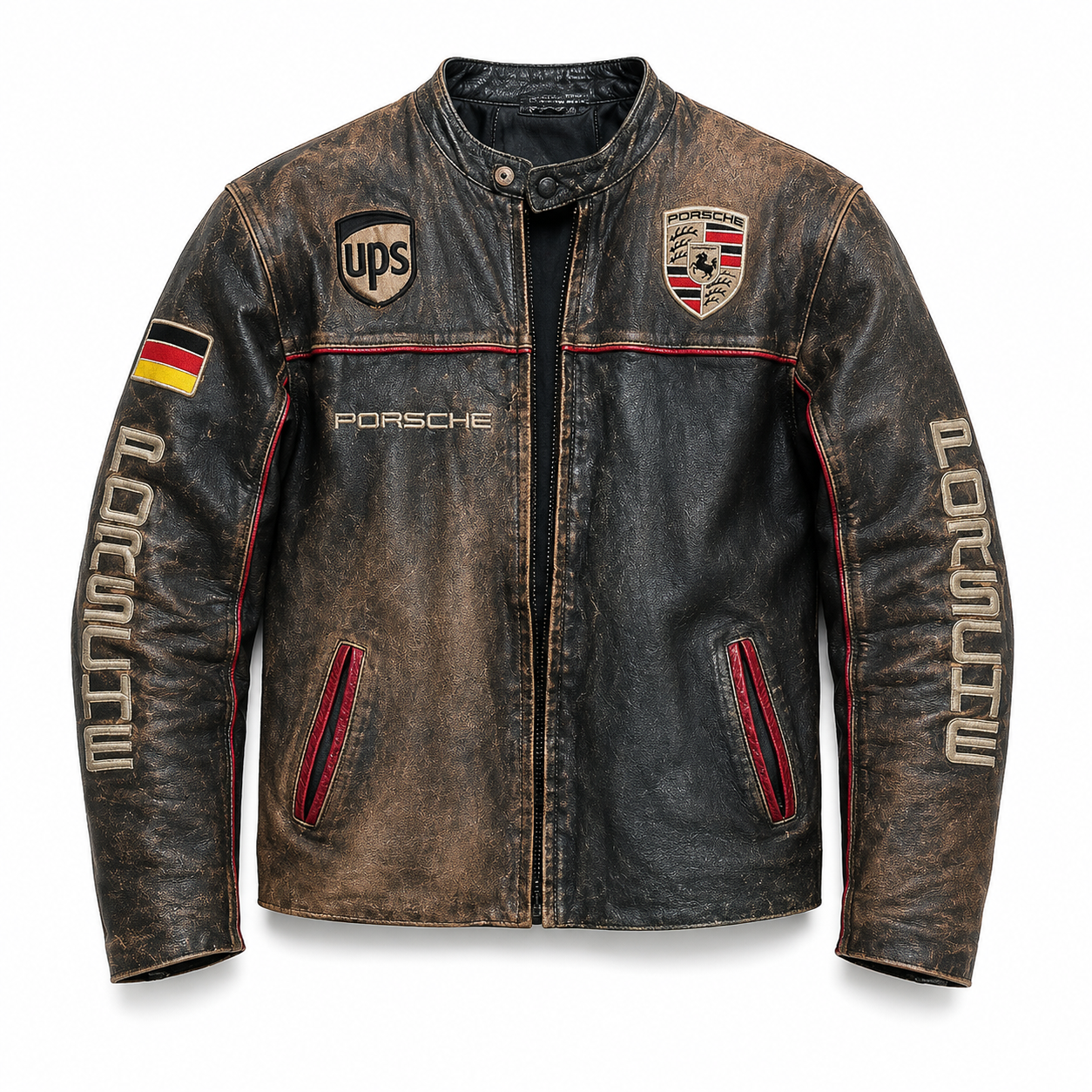 Vintage Porsche Distressed Leather Racing Jacket with Embroidery