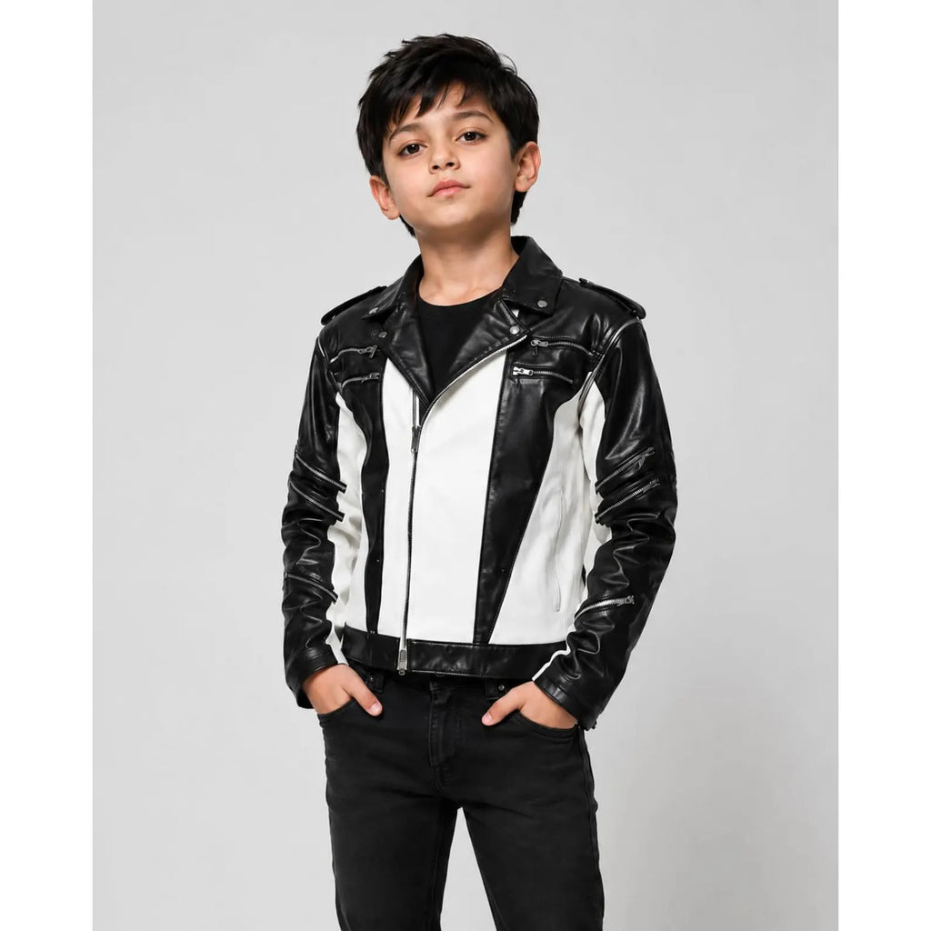 Hollywood Jackets Kids MJ Inspired Black & White Biker Leather Jacket
