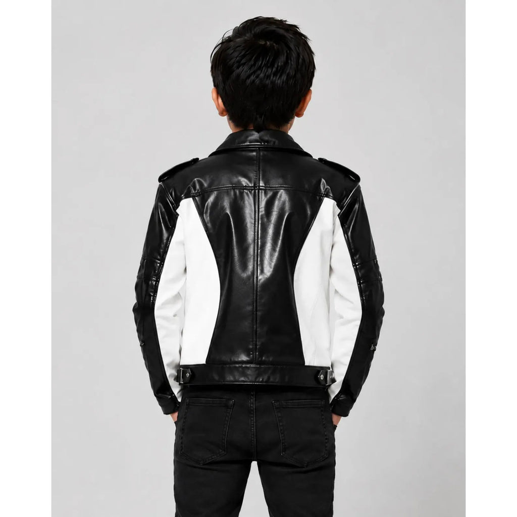 Hollywood Jackets Kids MJ Inspired Black & White Biker Leather Jacket