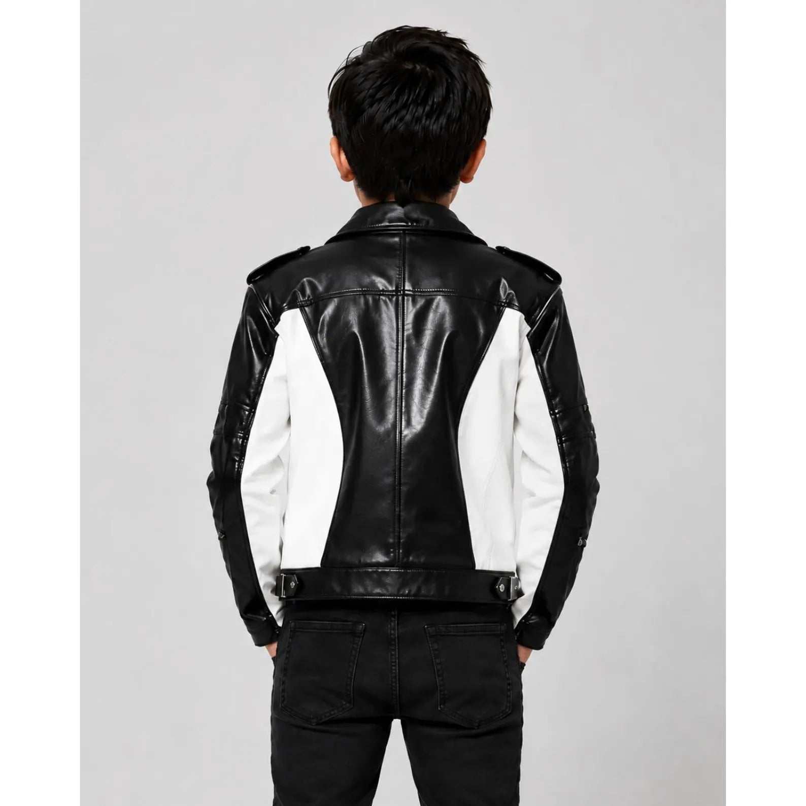 Hollywood Jackets Kids MJ Inspired Black & White Biker Leather Jacket