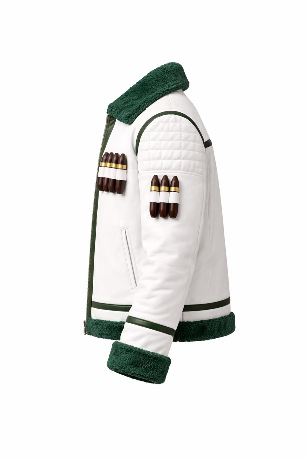 Hollywood Jackets White & Green Faux Leather Shearling Bomber Jacket