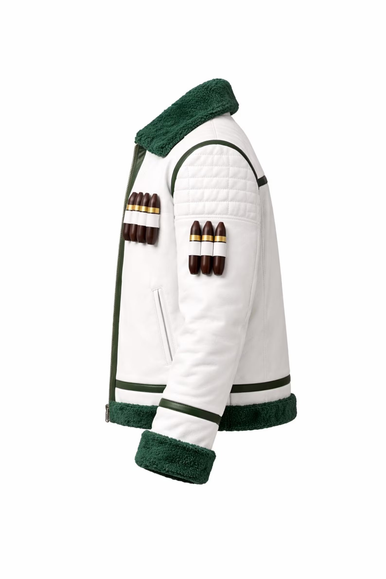 Hollywood Jackets White & Green Faux Leather Shearling Bomber Jacket