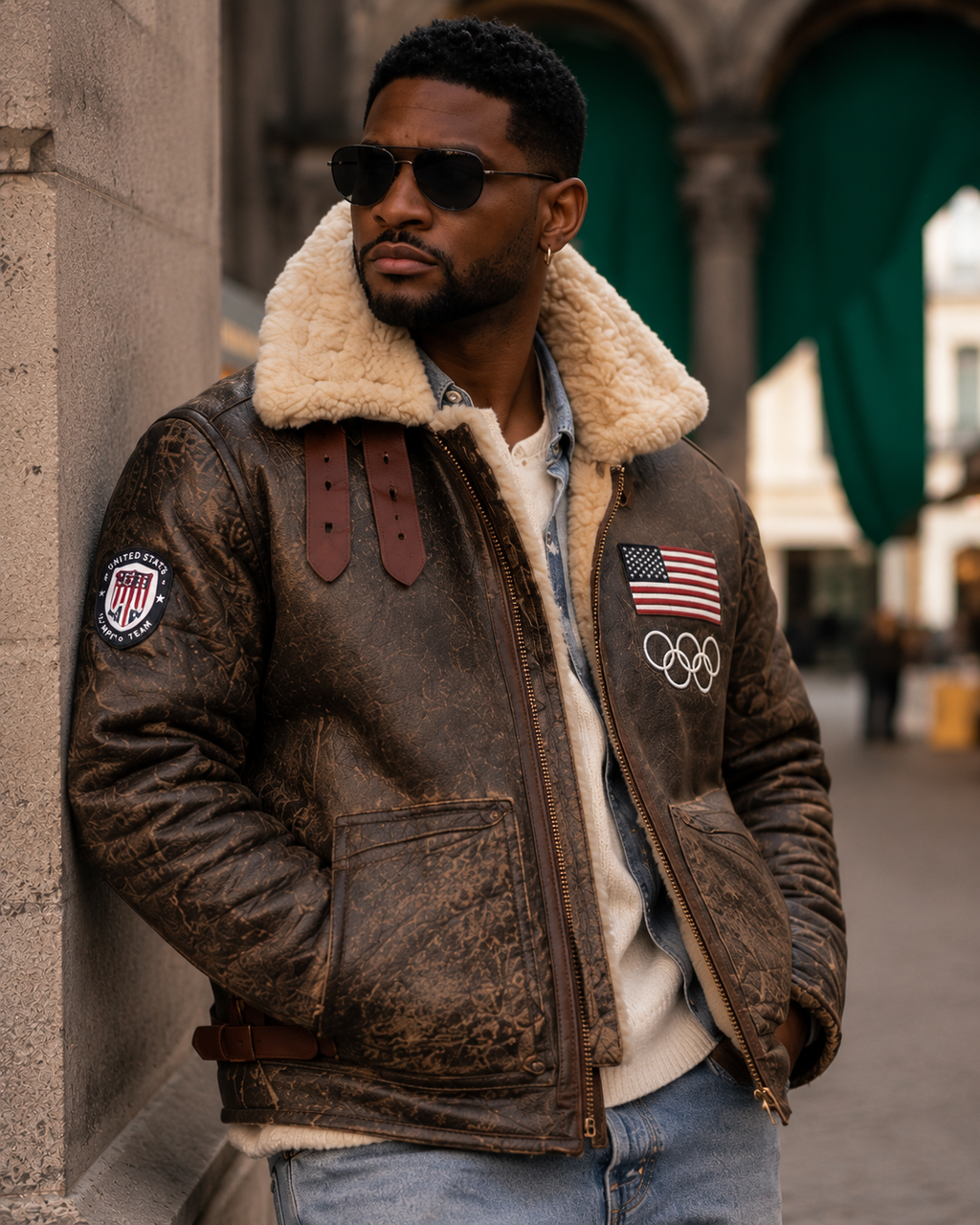 Usher Inspired Brown Shearling Aviator Leather Jacket