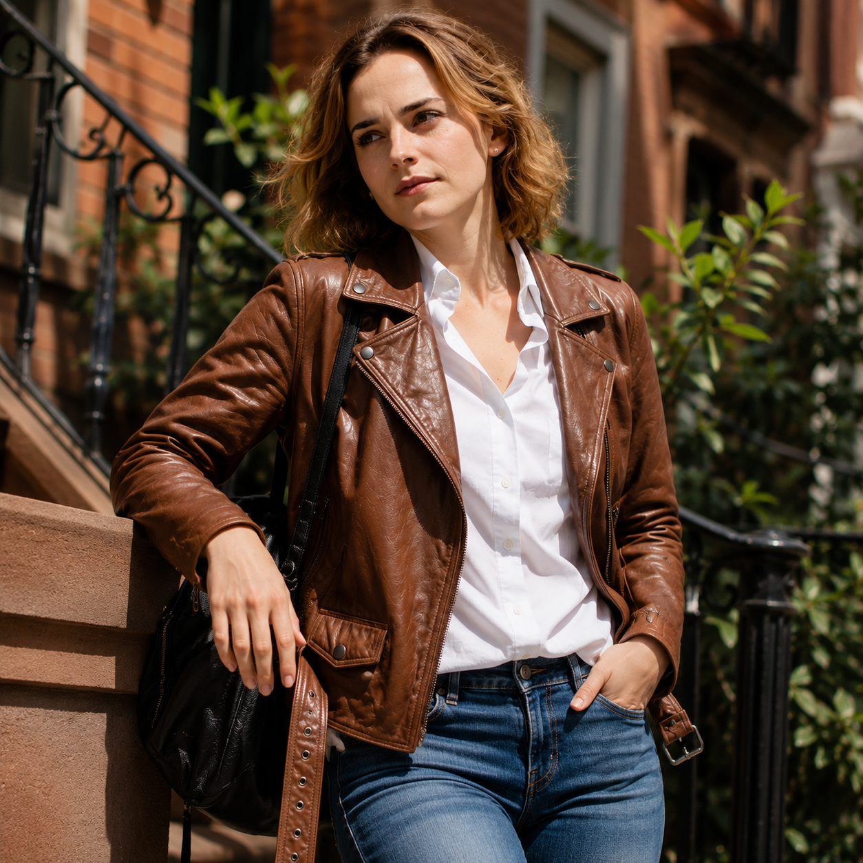 Emma Watson Brown Leather Biker Jacket