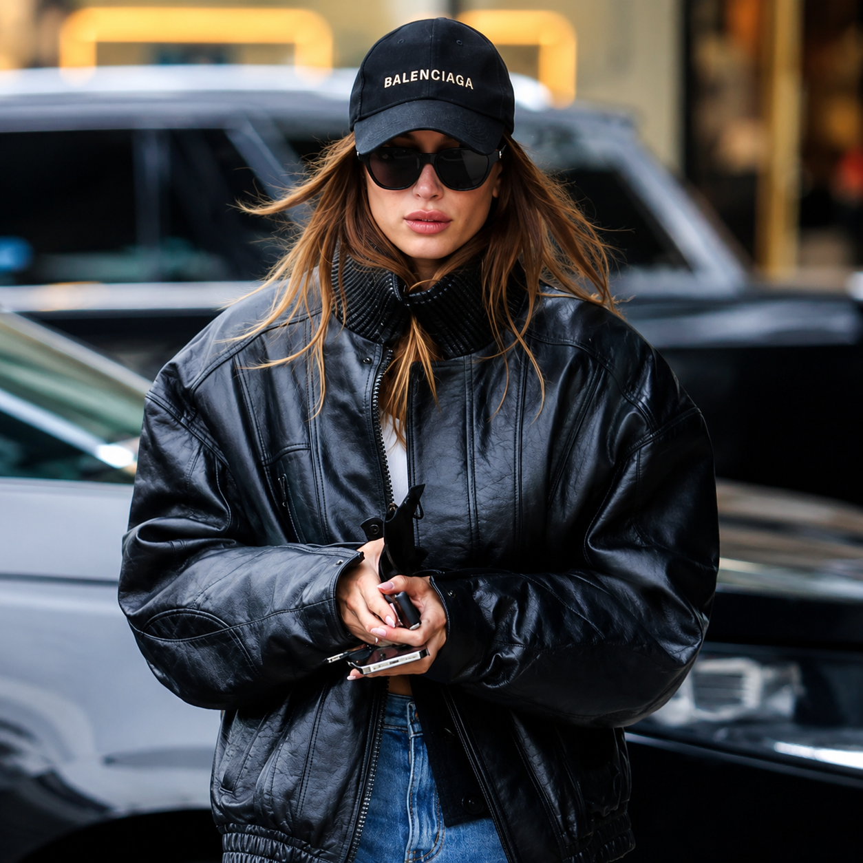 Hailey Bieber Black Bomber Leather Jacket