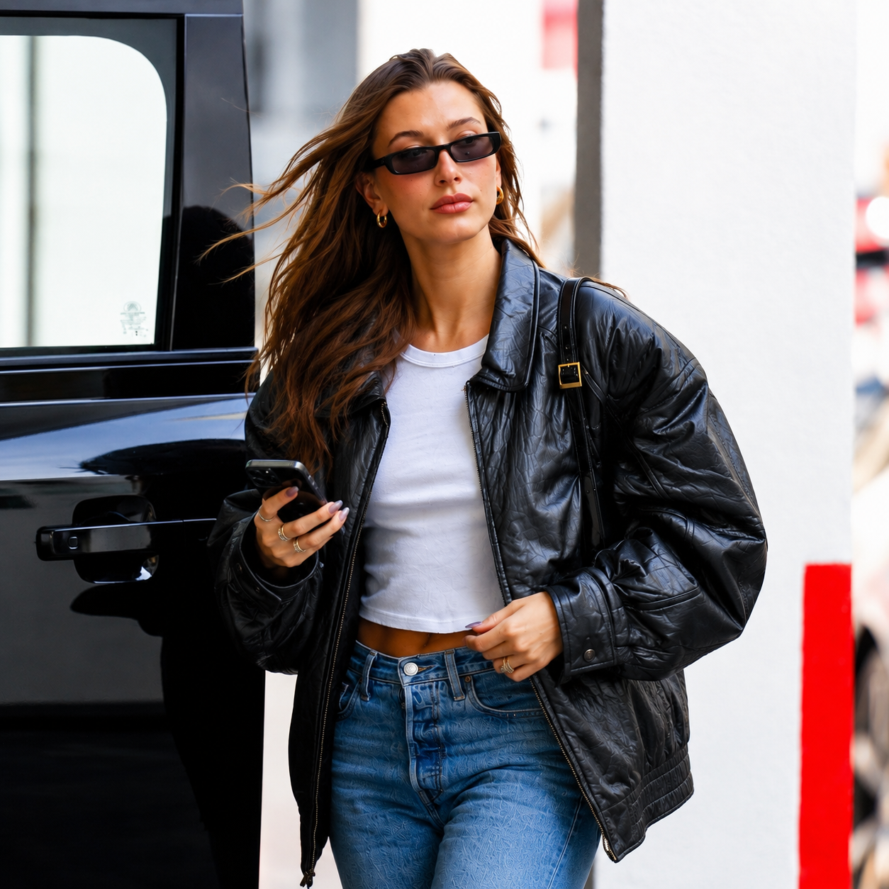 Hailey Bieber Oversized Black Leather Bomber Jacket