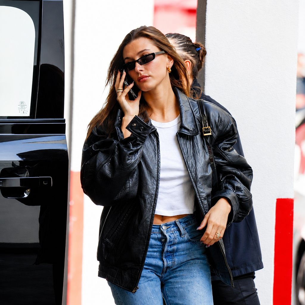 Hailey Bieber Oversized Black Leather Bomber Jacket