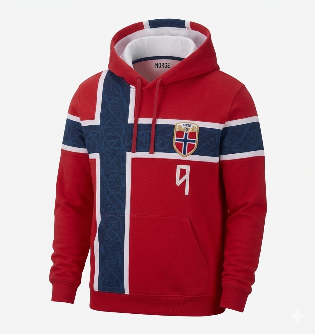 Norway Flag Inspired Red Pullover Hoodie with Embroidered Crest