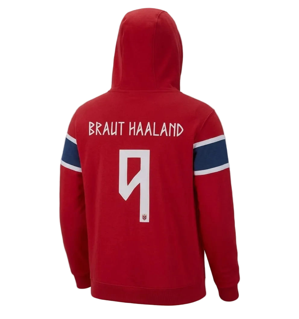 Norway Flag Inspired Red Pullover Hoodie with Embroidered Crest