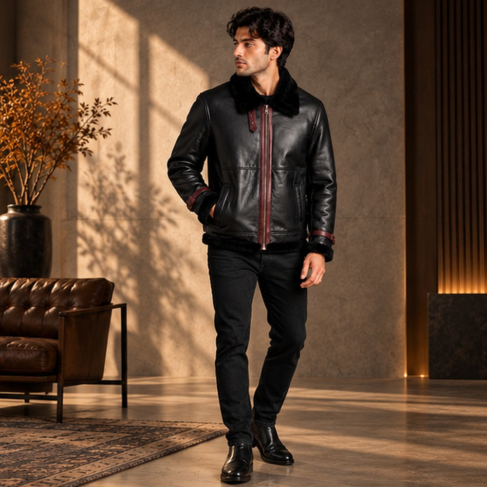 Men's Black Leather Shearling Bomber Jacket – Hollywood Jackets