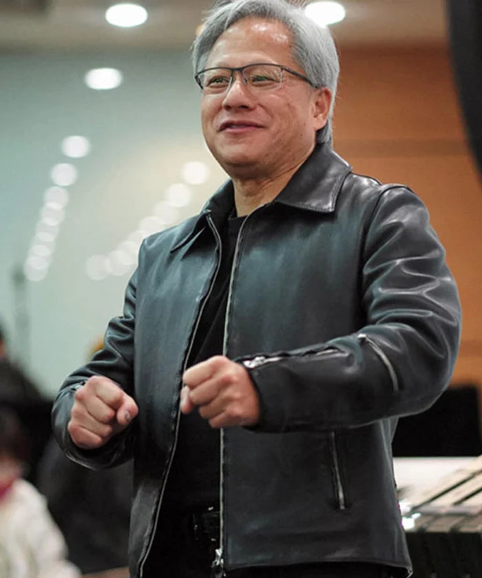 Jensen Huang Black Leather Trucker Jacket