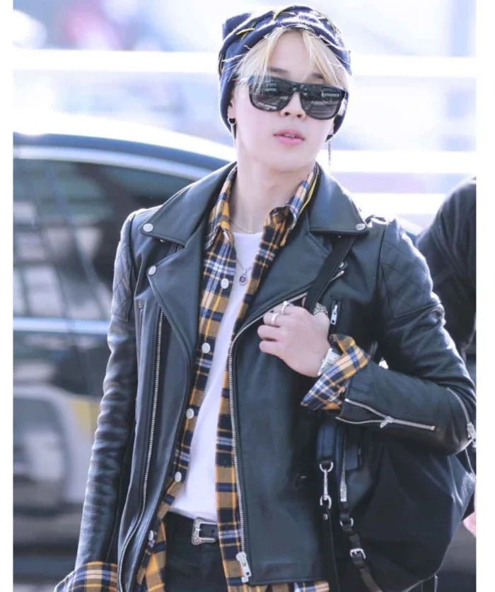 Jimin Inspired Black Quilted Motorcycle Leather Jacket