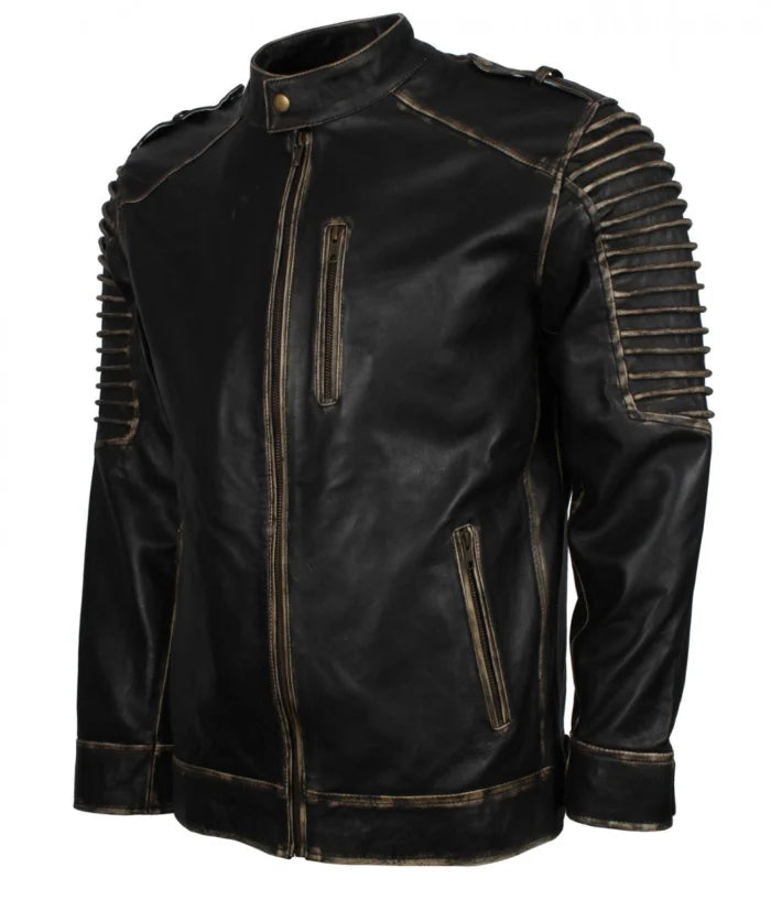 Scare Crow Mens Distressed Hooded Leather Jacket