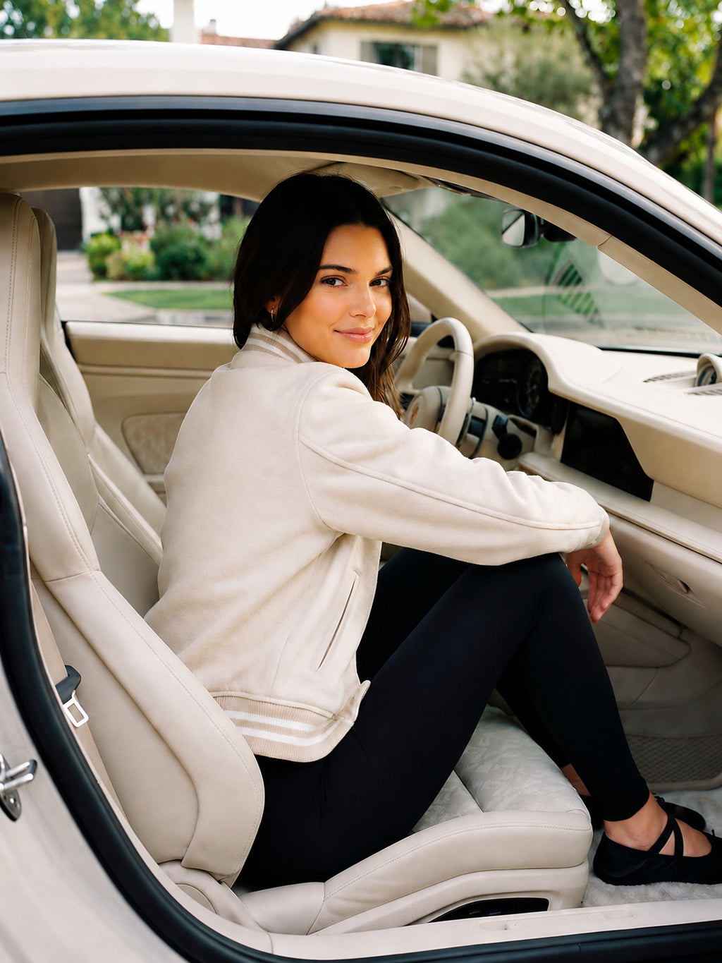 Kendall Jenner Cream Bomber Jacket | Hollywood Jackets