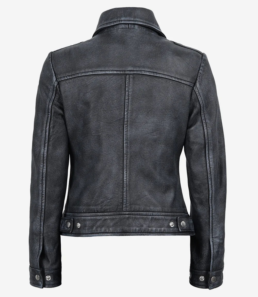 Hollywood Jackets Women’s Black Leather Harrington Jacket - Vintage Washed