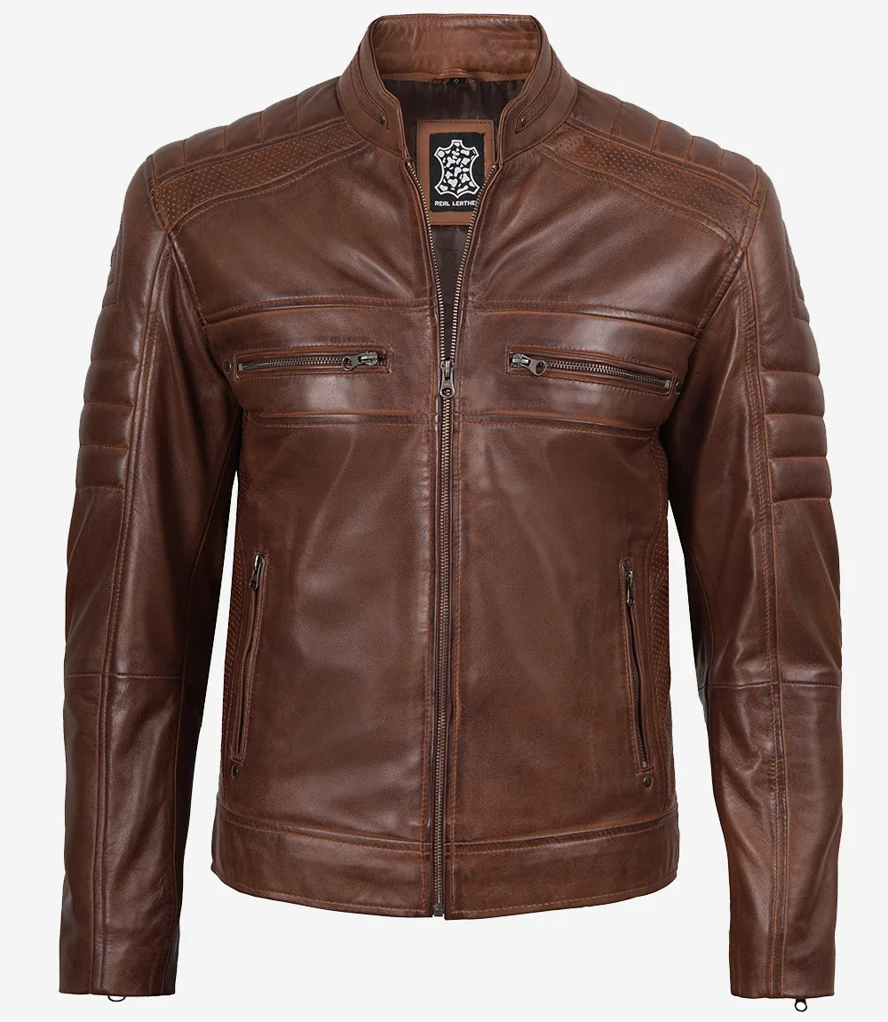Austin Men Cafe Racer Cognac Brown Leather Jacket