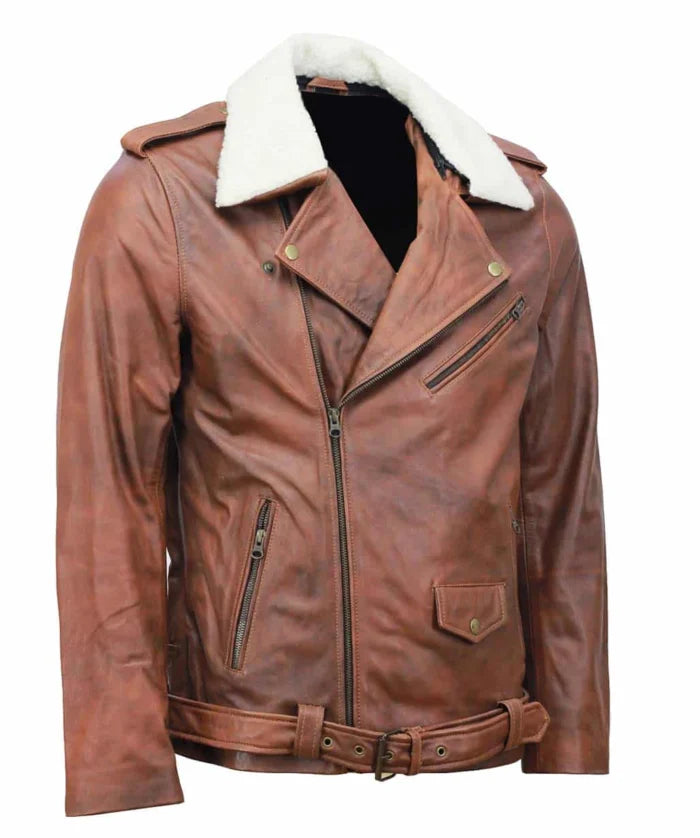 Men’s Brown Fur Collar Leather Jacket