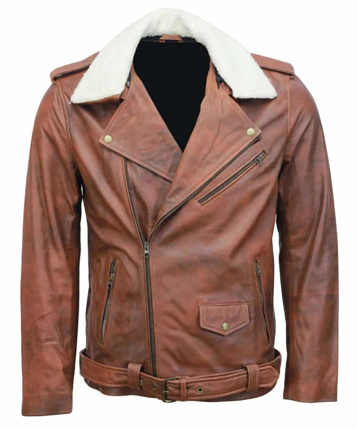 Men’s Brown Fur Collar Leather Jacket