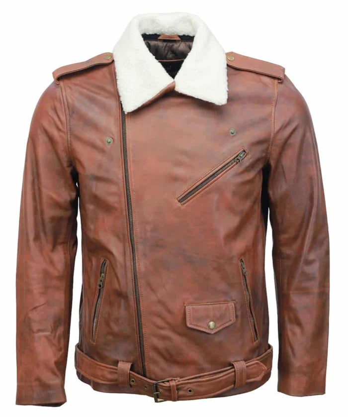 Men’s Brown Fur Collar Leather Jacket