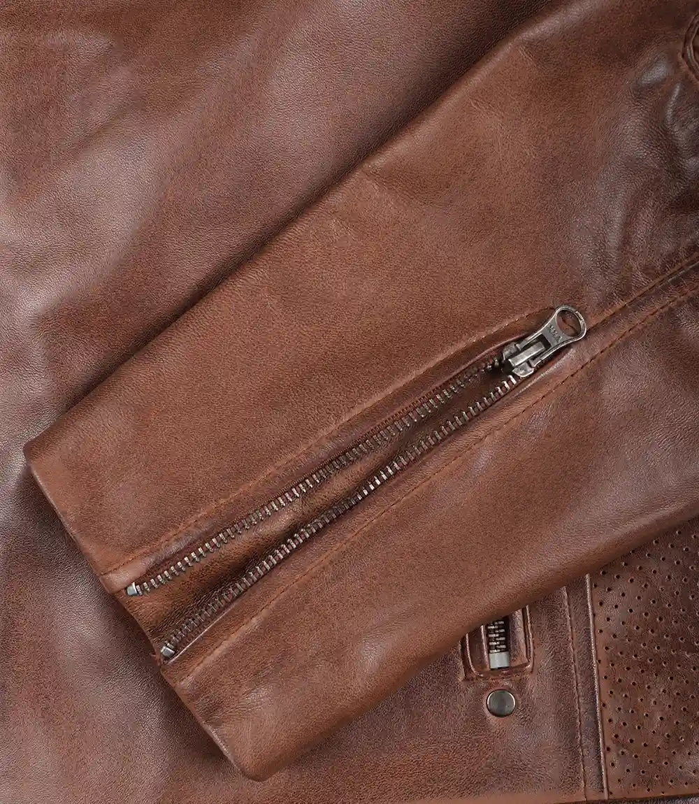 Austin Men Cafe Racer Cognac Brown Leather Jacket