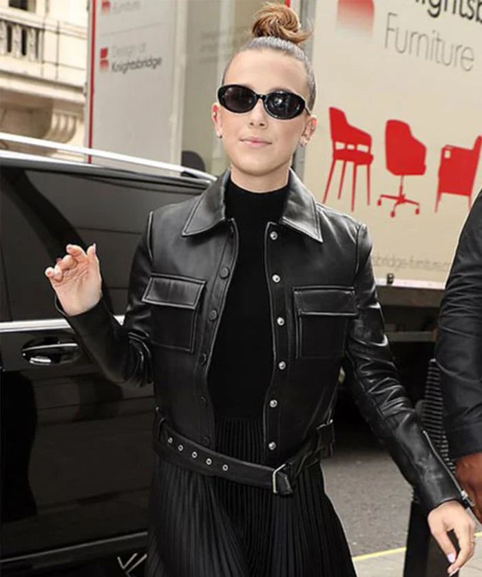 Hollywood Jackets Millie Bobby Brown Black Leather Biker Jacket