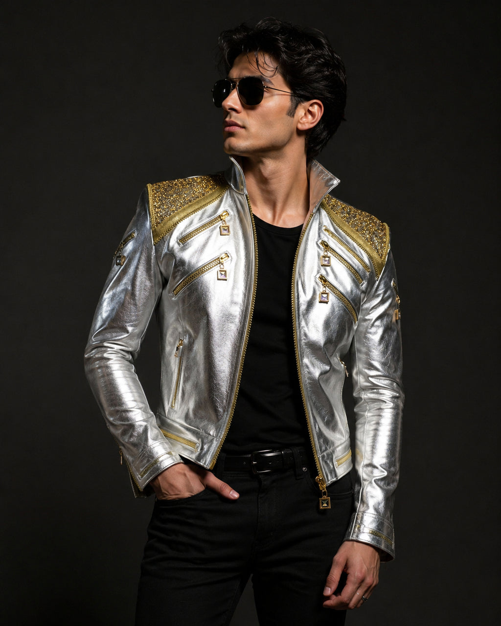 Michael Jackson Silver Metallic Military Leather Jacket Unisex  | Hollywood Jackets
