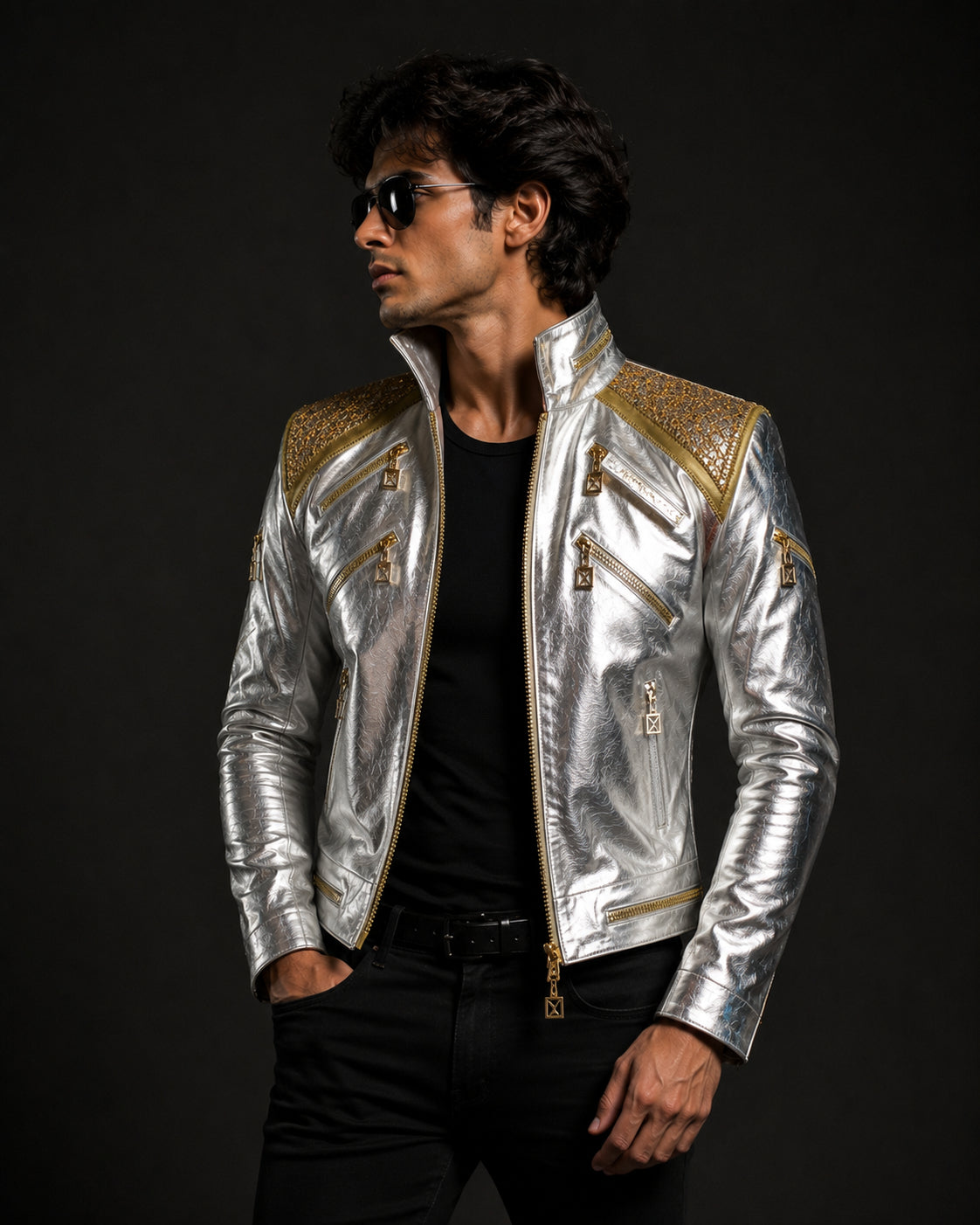 Michael Jackson Silver Metallic Military Leather Jacket Unisex  | Hollywood Jackets