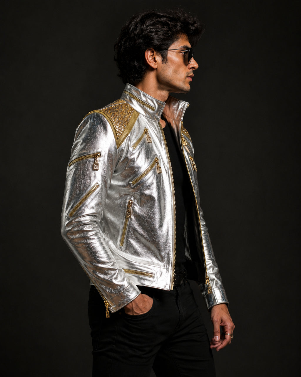 Michael Jackson Silver Metallic Military Leather Jacket Unisex  | Hollywood Jackets