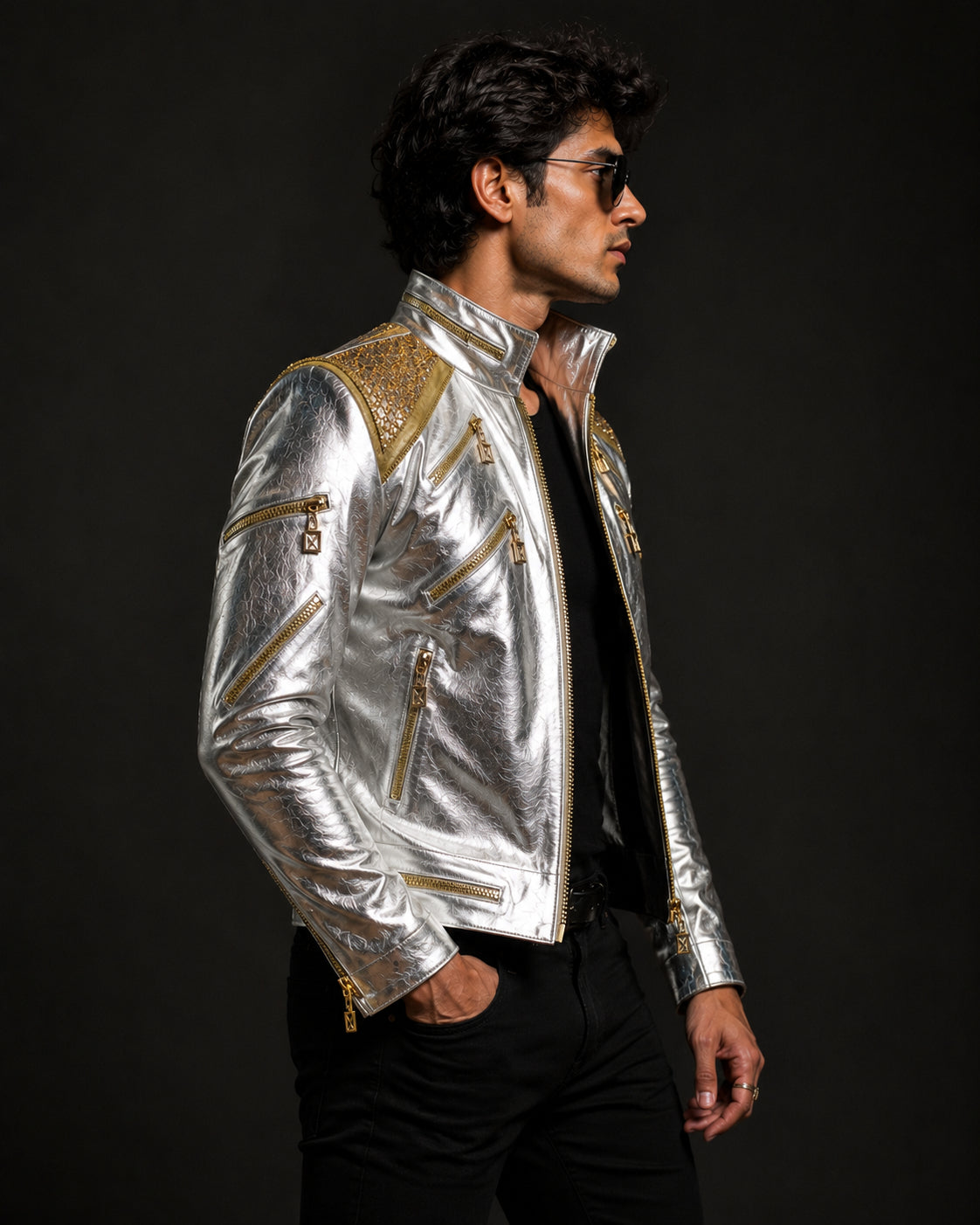 Michael Jackson Silver Metallic Military Leather Jacket Unisex  | Hollywood Jackets