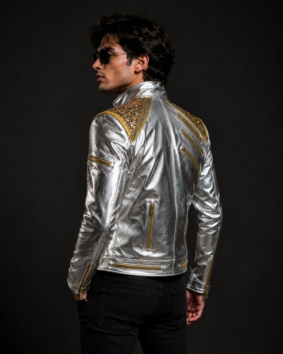 Michael Jackson Silver Metallic Military Leather Jacket Unisex  | Hollywood Jackets