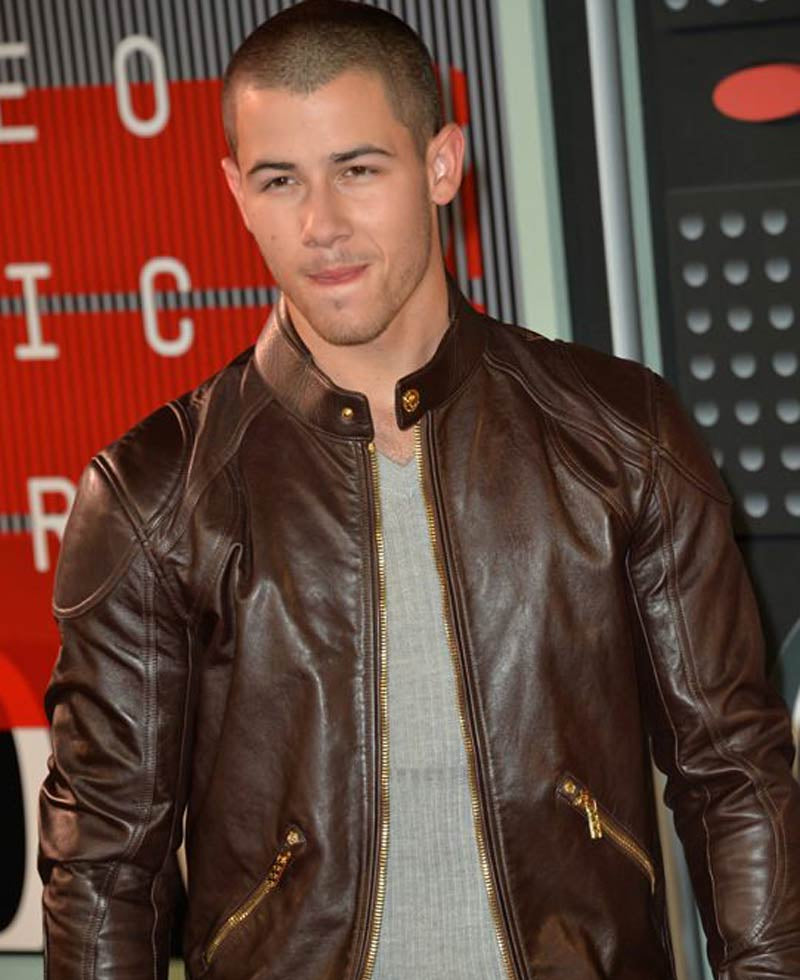 Hollywood Jackets Nick Jonas Brown Leather Biker Jacket